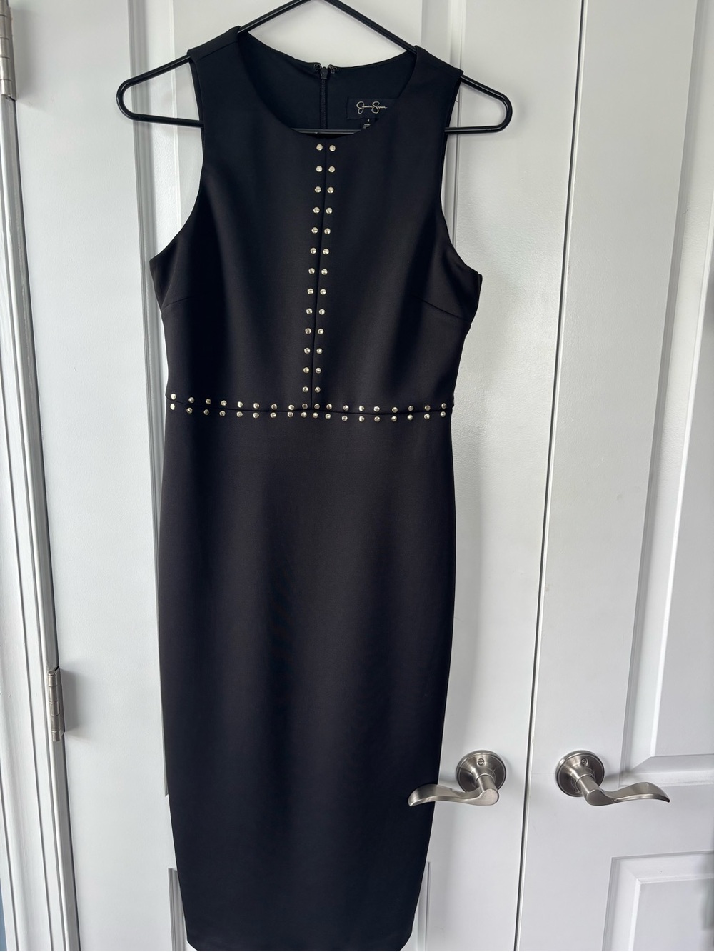 Jessica Simpson Black Midi Sheath Dress with Gold Stud Trim